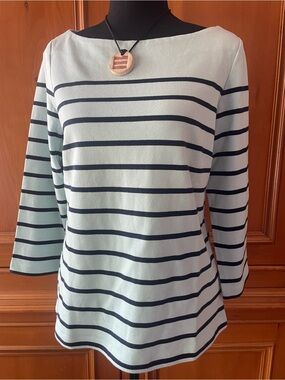 J. McLaughlin Mint and Navy Striped Boatneck Long Sleeve Top